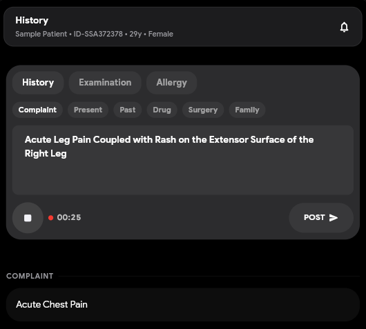 WardLink history note capture with structured tabs and clinician review controls.