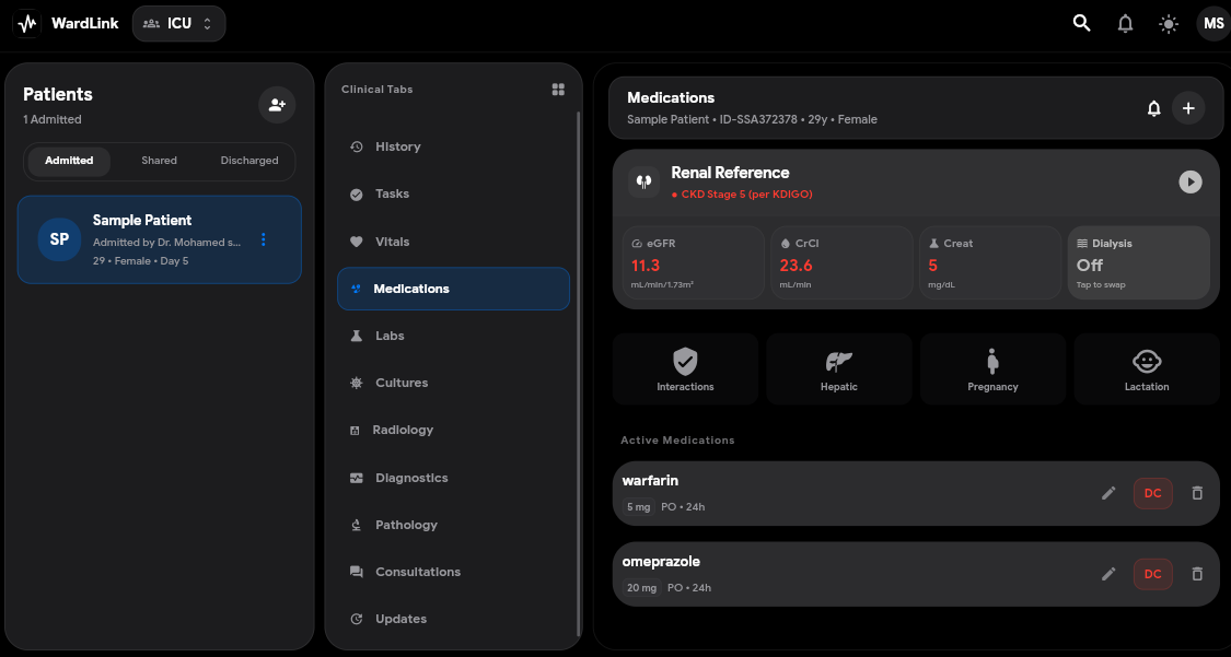 WardLink dark-mode dashboard showing a patient list, clinical tabs, and patient workspace.