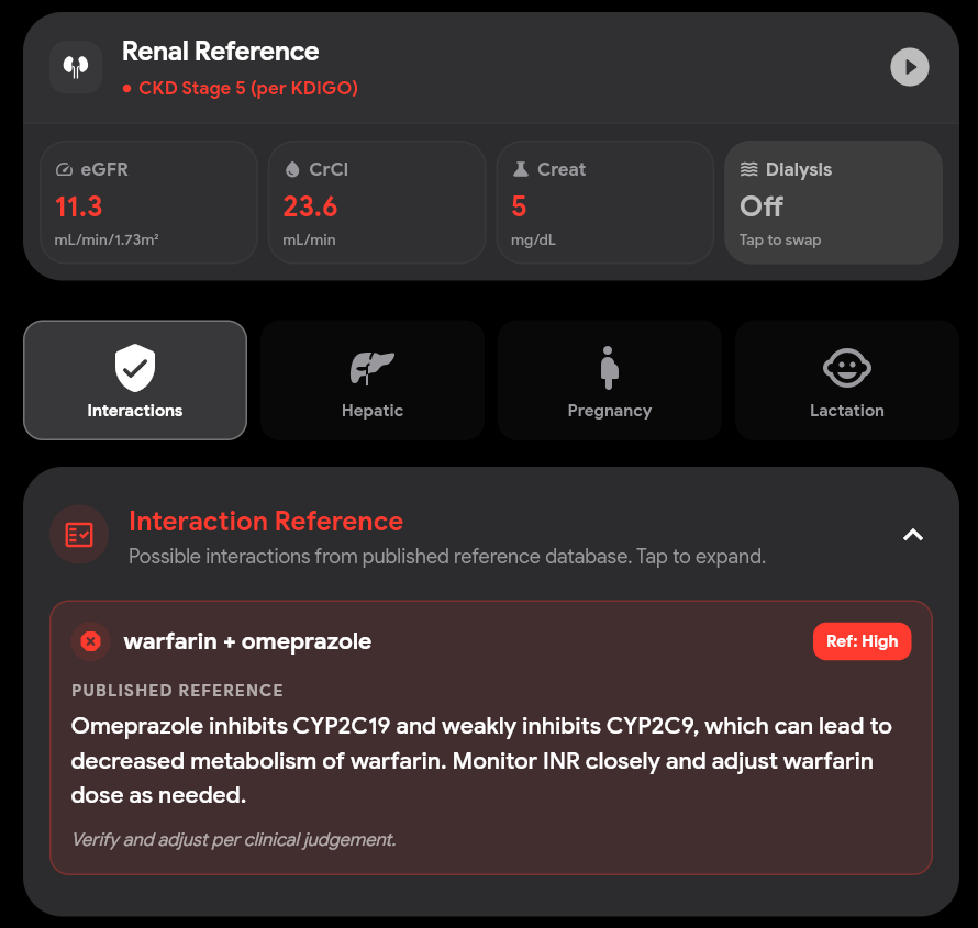 WardLink medication reference view showing renal information and interaction reference checks.