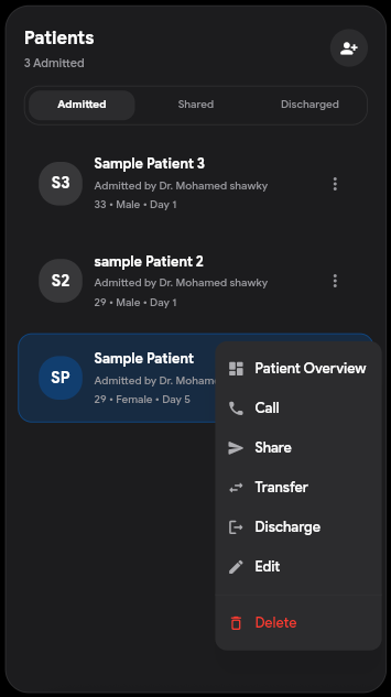 WardLink patient list showing admitted patients and patient actions.